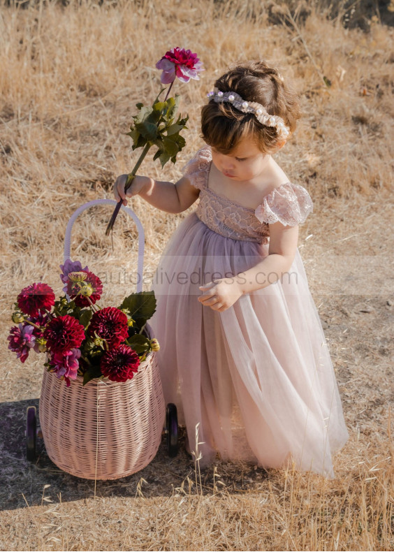 Taupe Lace Tulle Floor Length Romantic Wedding Flower Girl Dress